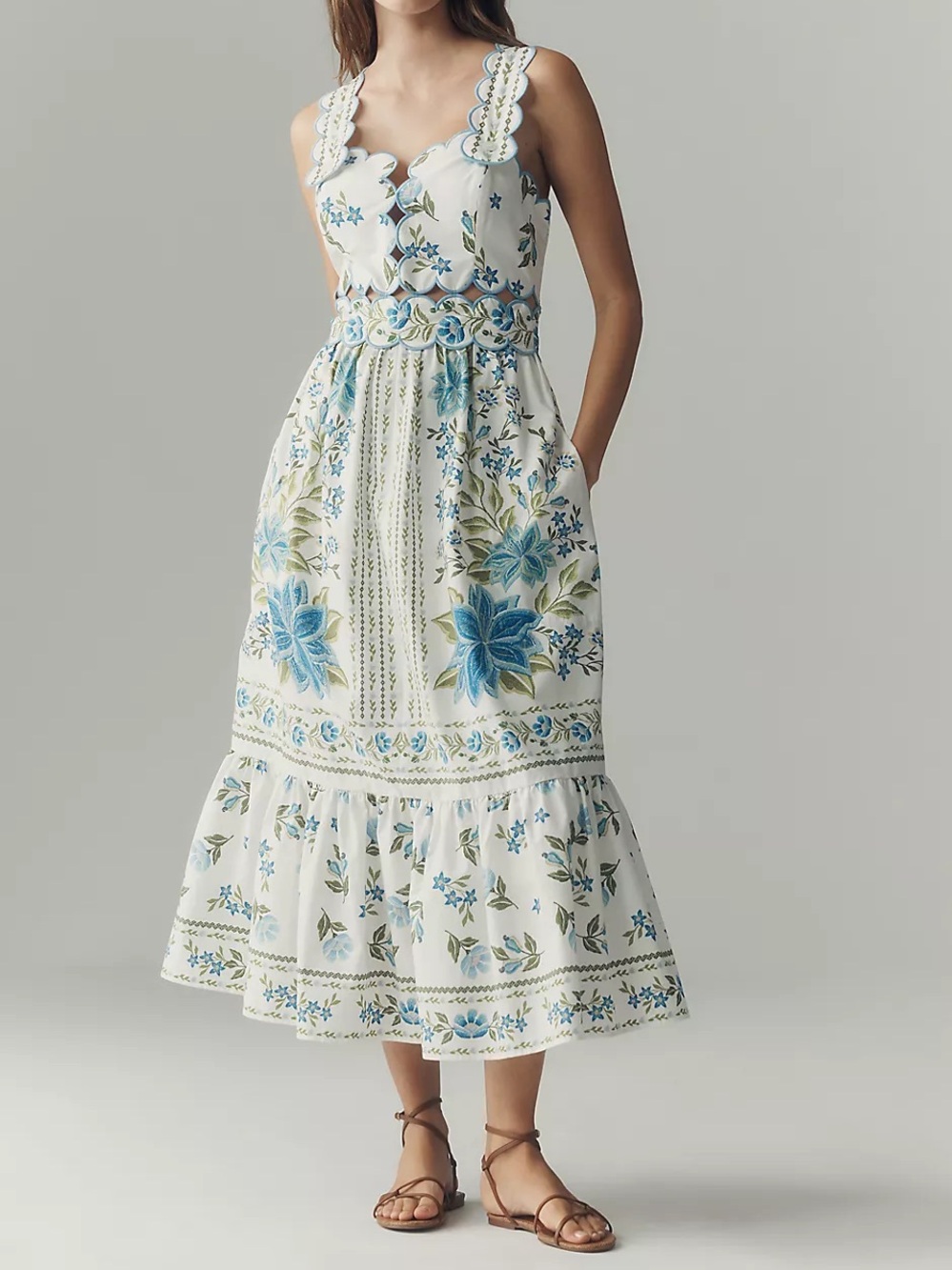 Farm Rio x Anthropologie Sleeveless Scallop-Trim Printed Midi Dress Size SP